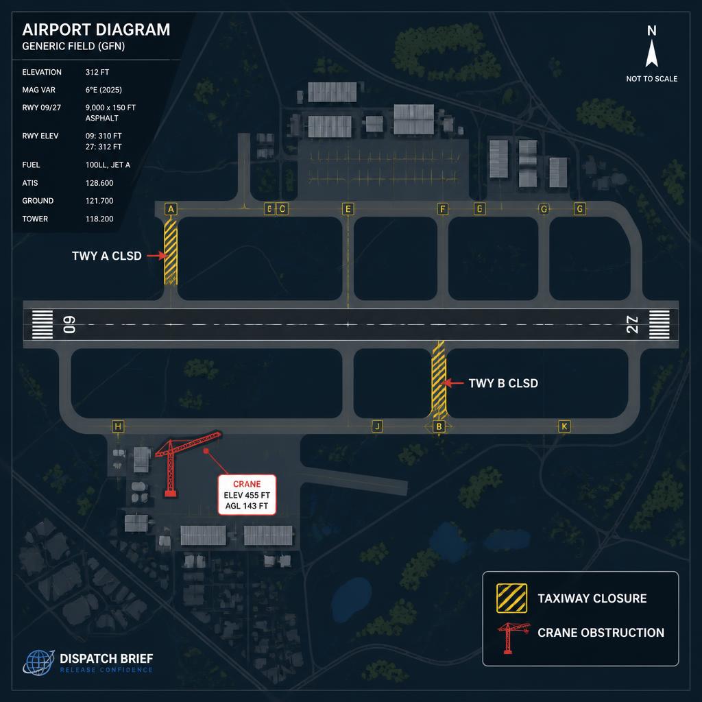 Generic airport chart with closed taxiways and crane hazards marked up automatically